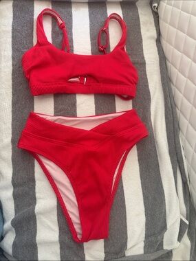 Red Ribbed Two-Piece Bikini Set